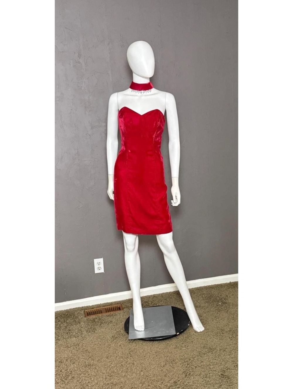 1980's Red Velvet Cocktail Party Dress Strapless Choker Neck Band S/M
